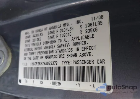 2009 Honda Accord 2.4 Ex-L z USA, uszkodzony, nr VIN 1HGCP26879A072372